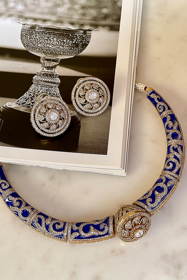 Gold Finish Kundan Polki Blue Meenakari Choker Necklace Set by Saga Jewels at Pernia's Pop Up Shop