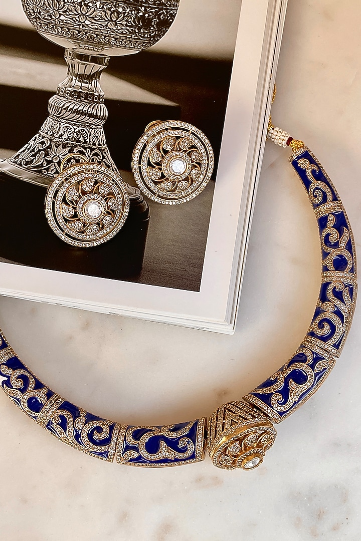 Gold Finish Kundan Polki Blue Meenakari Choker Necklace Set by Saga Jewels at Pernia's Pop Up Shop