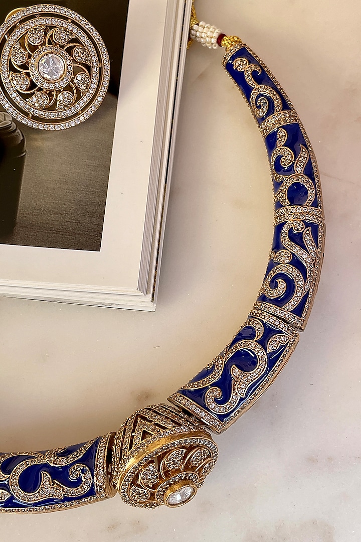 Gold Finish Kundan Polki Blue Meenakari Choker Necklace Set by Saga Jewels at Pernia's Pop Up Shop
