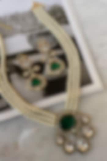 Gold Finish Emerald Kundan Polki & Pearl Long Necklace Set by Saga Jewels at Pernia's Pop Up Shop