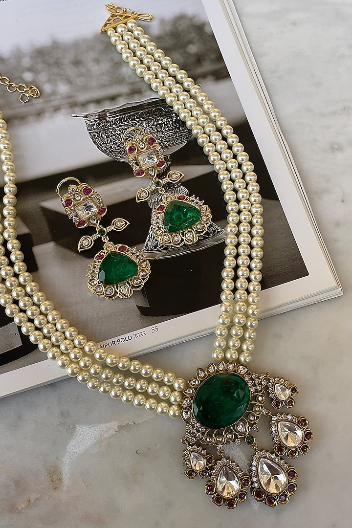 Gold Finish Emerald Kundan Polki & Pearl Long Necklace Set by Saga Jewels at Pernia's Pop Up Shop