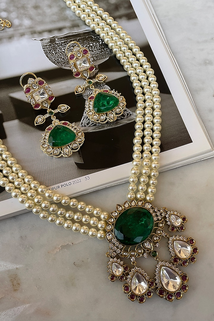 Gold Finish Emerald Kundan Polki & Pearl Long Necklace Set by Saga Jewels at Pernia's Pop Up Shop