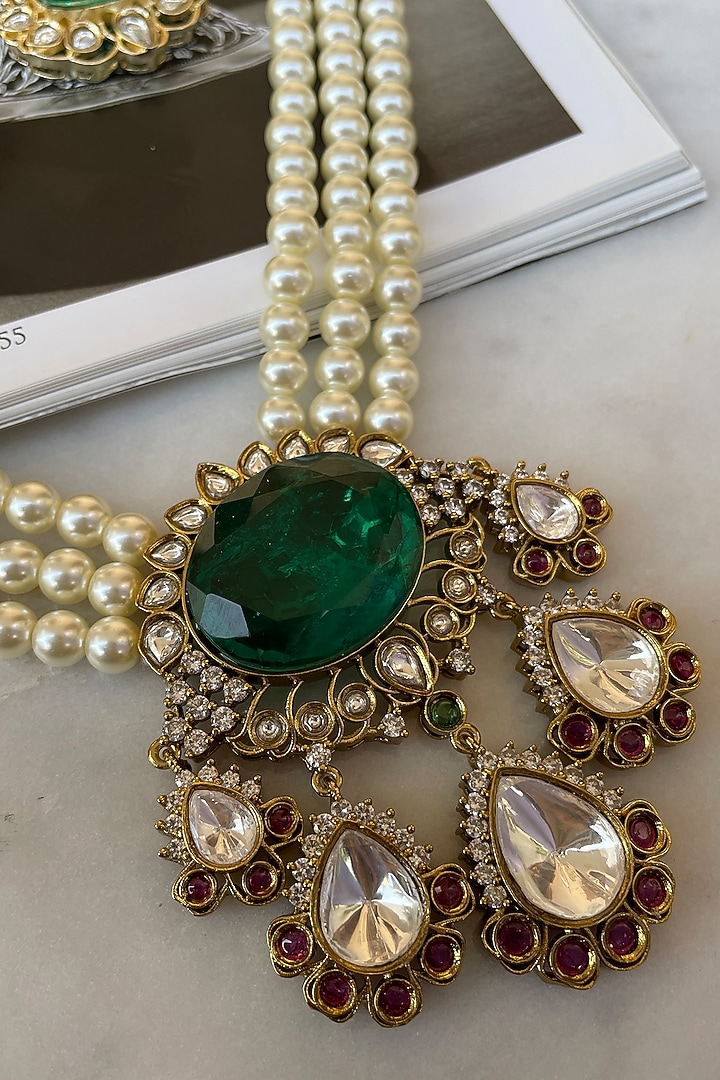 Gold Finish Emerald Kundan Polki & Pearl Long Necklace Set by Saga Jewels at Pernia's Pop Up Shop
