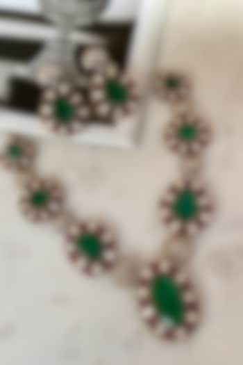 Gold Finish Green Kundan Polki Long Necklace Set by Saga Jewels at Pernia's Pop Up Shop
