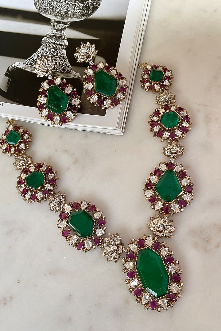 Gold Finish Green Kundan Polki Long Necklace Set by Saga Jewels at Pernia's Pop Up Shop