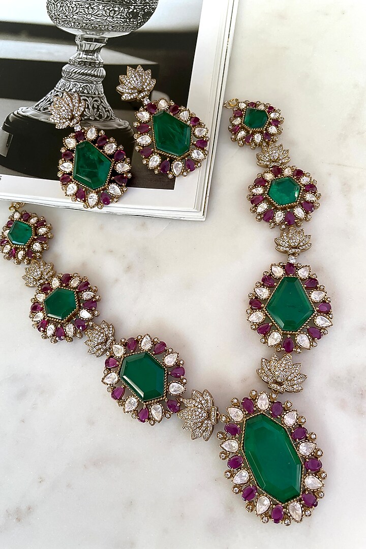 Gold Finish Green Kundan Polki Long Necklace Set by Saga Jewels at Pernia's Pop Up Shop