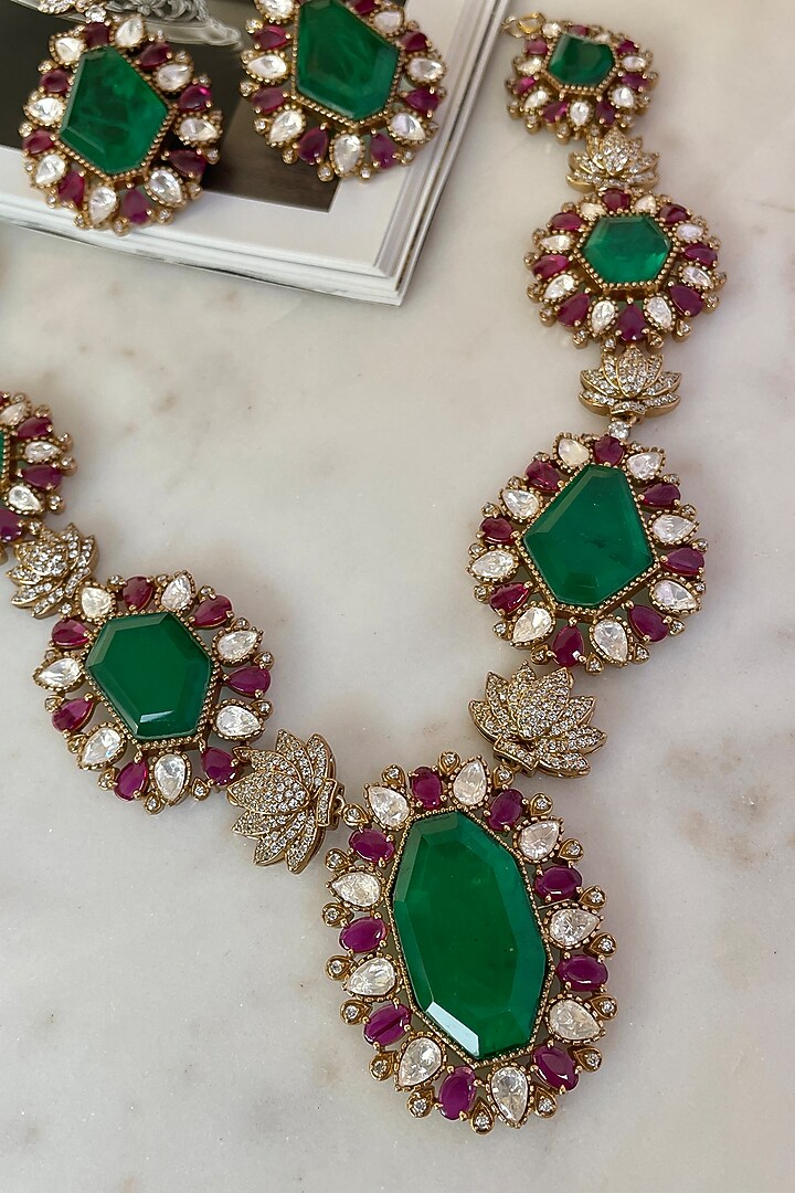 Gold Finish Green Kundan Polki Long Necklace Set by Saga Jewels at Pernia's Pop Up Shop