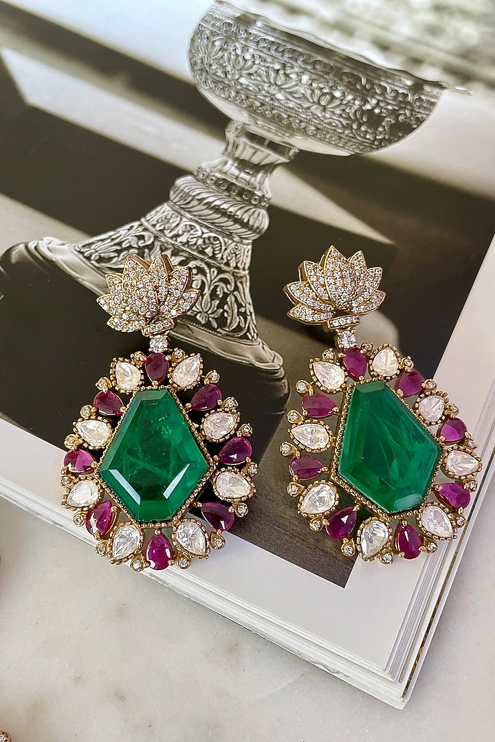 Gold Finish Green Kundan Polki Long Necklace Set by Saga Jewels at Pernia's Pop Up Shop