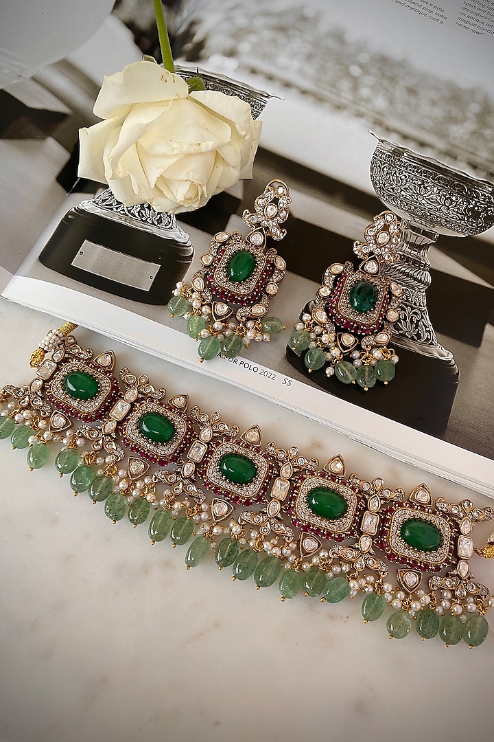Gold Finish Green Stone & Kundan Polki Choker Necklace Set by Saga Jewels at Pernia's Pop Up Shop