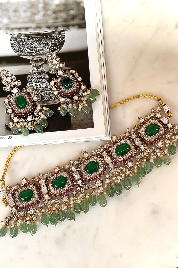 Gold Finish Green Stone & Kundan Polki Choker Necklace Set by Saga Jewels at Pernia's Pop Up Shop