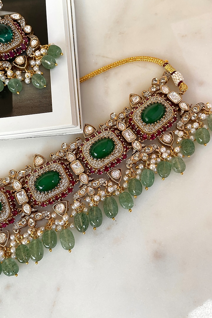 Gold Finish Green Stone & Kundan Polki Choker Necklace Set by Saga Jewels at Pernia's Pop Up Shop
