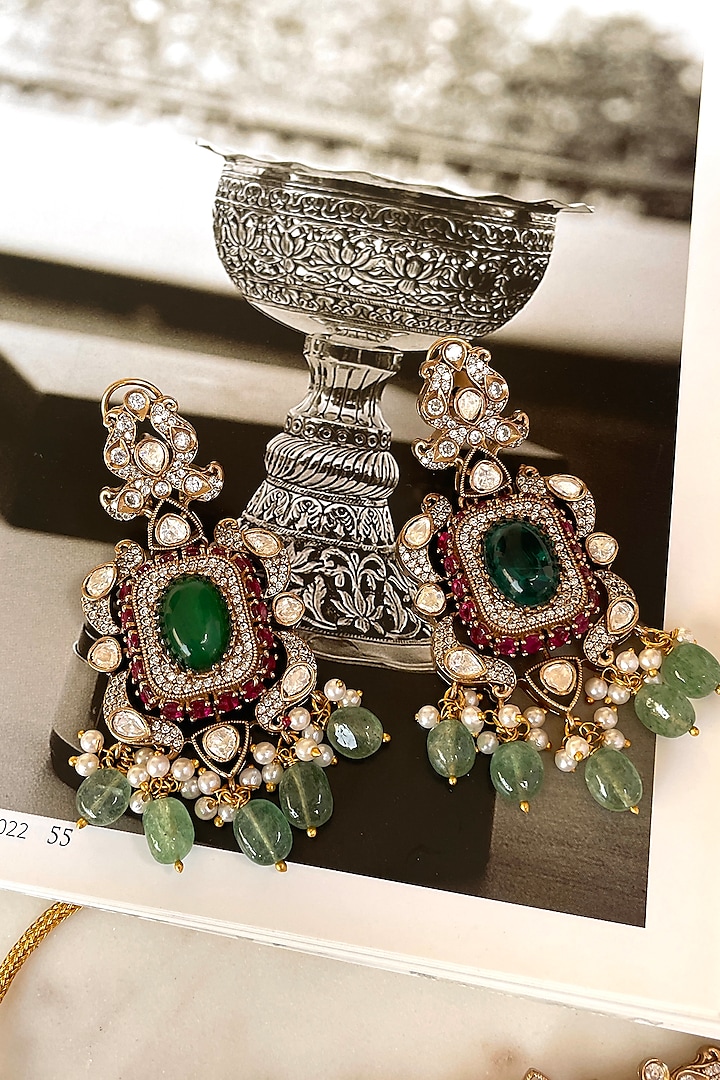 Gold Finish Green Stone & Kundan Polki Choker Necklace Set by Saga Jewels at Pernia's Pop Up Shop