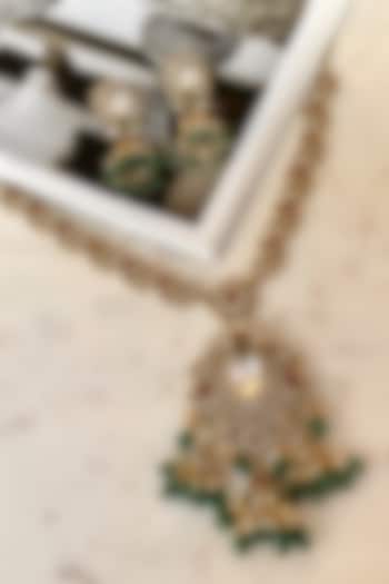 Gold Finish Moissanite Polki & Zircon Long Necklace Set by Saga Jewels at Pernia's Pop Up Shop