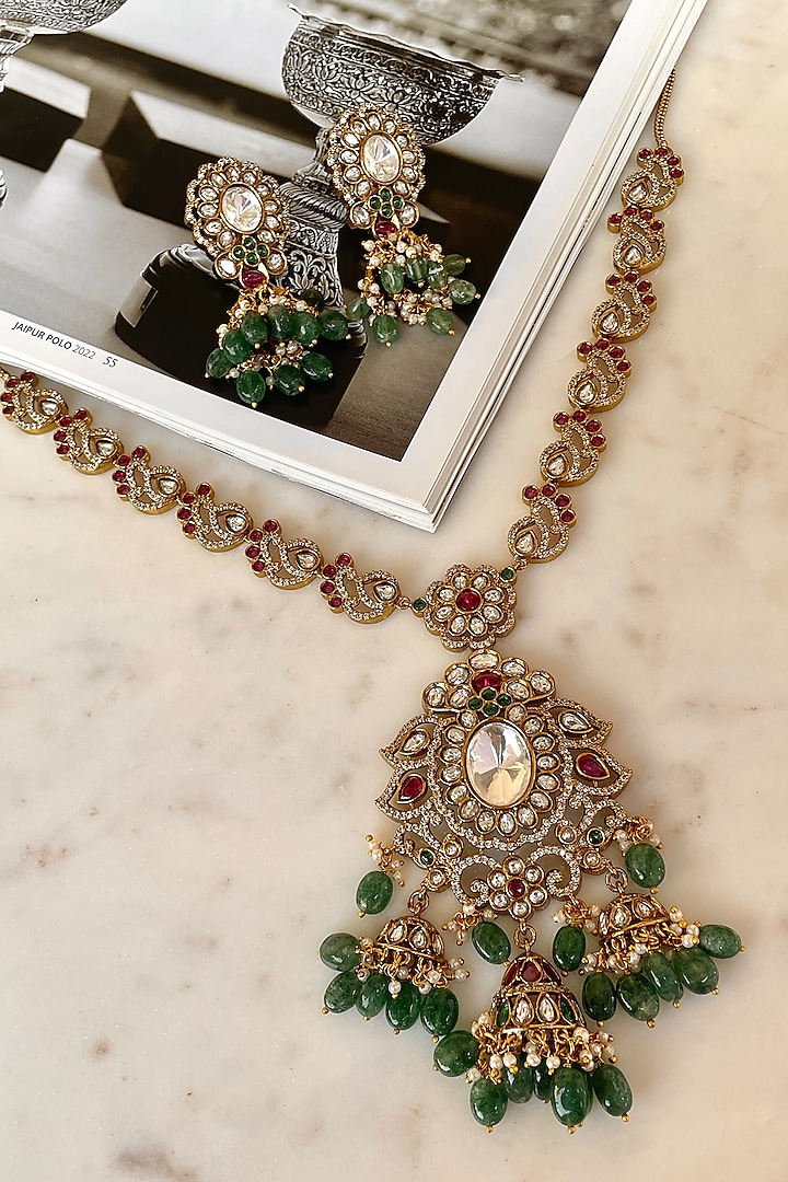 Gold Finish Moissanite Polki & Zircon Long Necklace Set by Saga Jewels at Pernia's Pop Up Shop