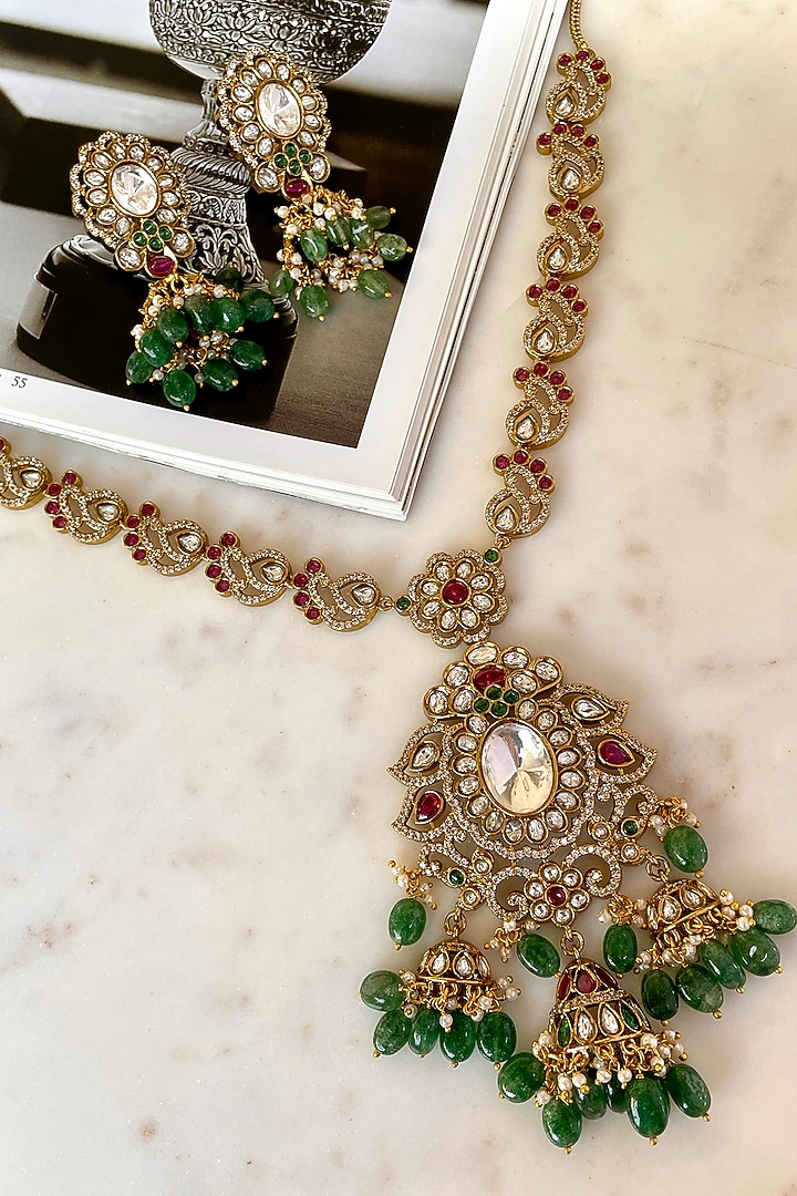 Gold Finish Moissanite Polki & Zircon Long Necklace Set by Saga Jewels at Pernia's Pop Up Shop