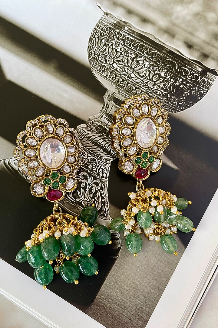 Gold Finish Moissanite Polki & Zircon Long Necklace Set by Saga Jewels at Pernia's Pop Up Shop
