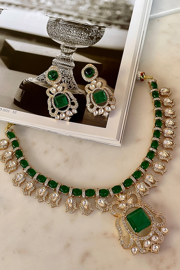 Gold Finish Emerald Stone & Kundan Polki Choker Necklace Set by Saga Jewels at Pernia's Pop Up Shop