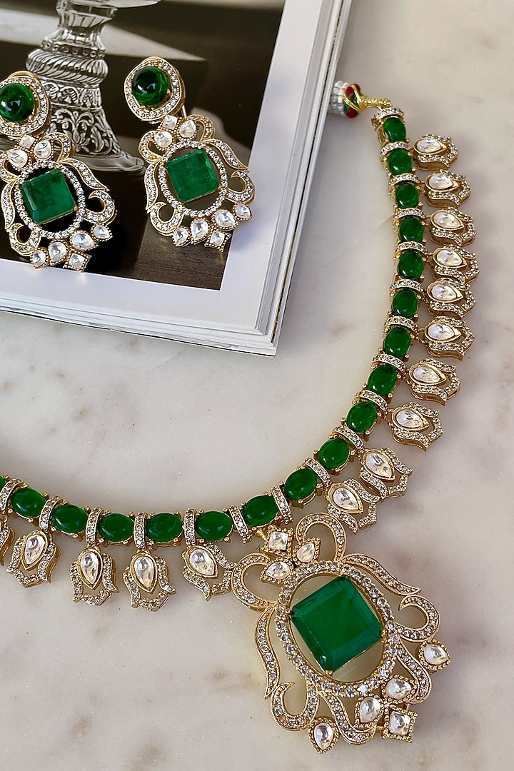 Gold Finish Emerald Stone & Kundan Polki Choker Necklace Set by Saga Jewels at Pernia's Pop Up Shop