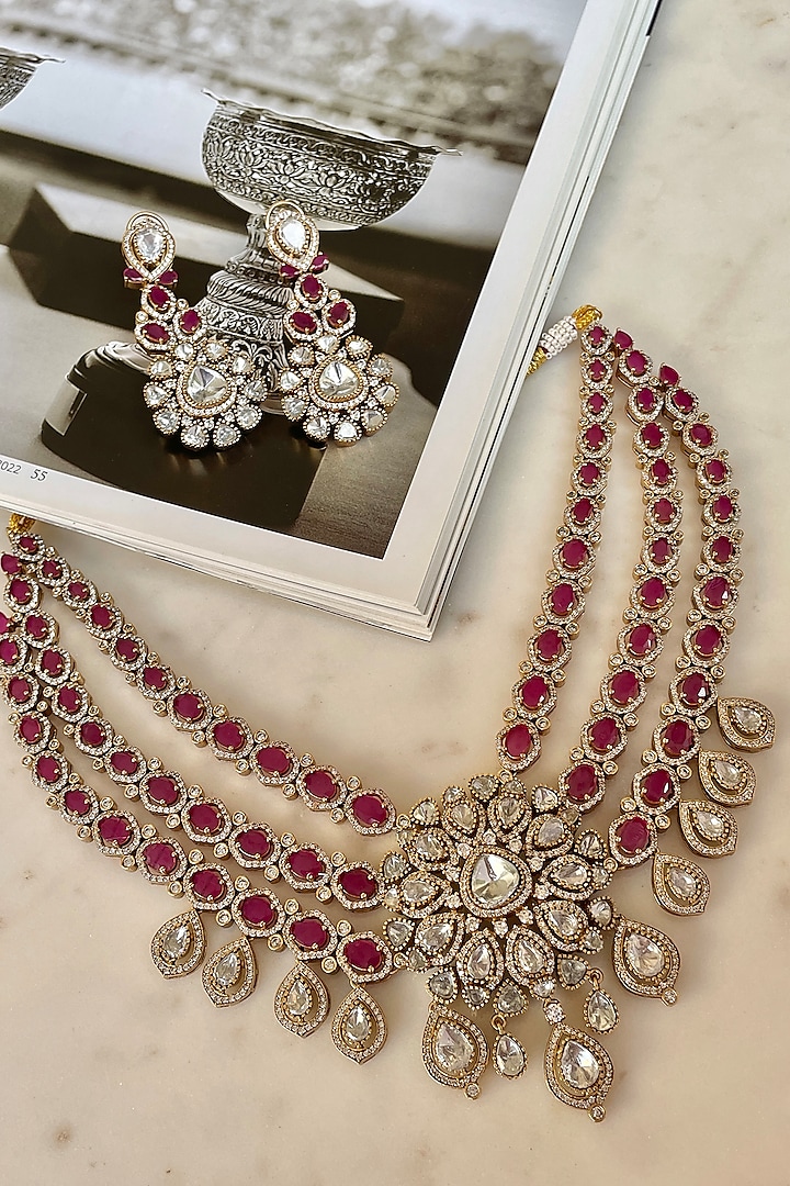 Gold Finish Ruby Stone & Zircon Choker Necklace Set by Saga Jewels at Pernia's Pop Up Shop