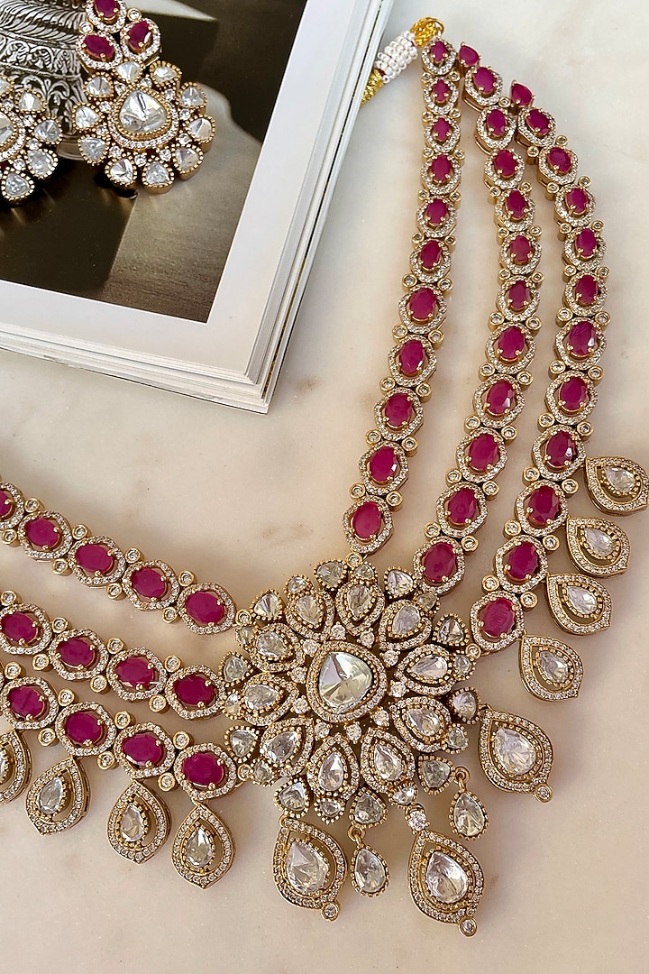Gold Finish Ruby Stone & Zircon Choker Necklace Set by Saga Jewels at Pernia's Pop Up Shop
