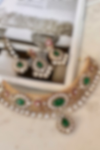 Gold Finish Kundan Polki & Green Stone Choker Necklace Set by Saga Jewels at Pernia's Pop Up Shop