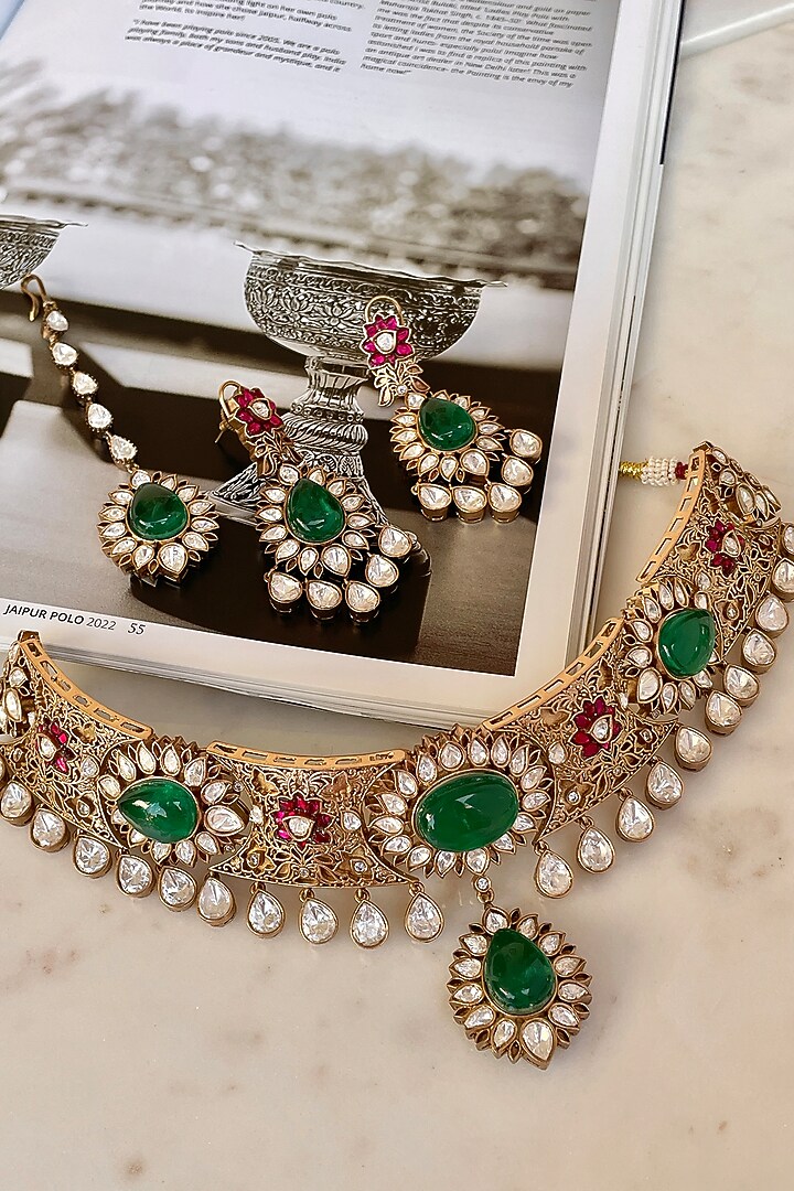 Gold Finish Kundan Polki & Green Stone Choker Necklace Set by Saga Jewels at Pernia's Pop Up Shop