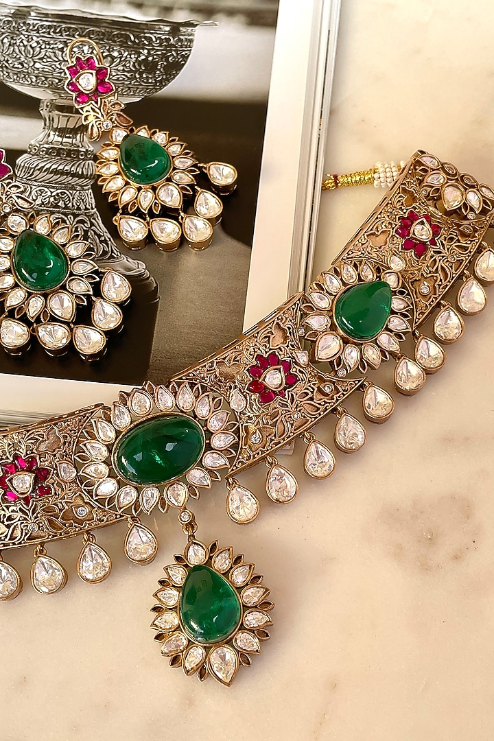 Gold Finish Kundan Polki & Green Stone Choker Necklace Set by Saga Jewels at Pernia's Pop Up Shop