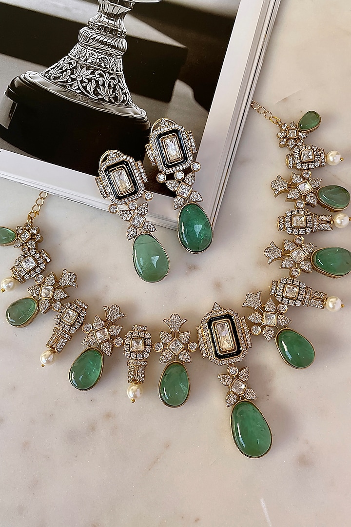 Gold Finish Kundan Polki & Pastel Green Beaded Choker Necklace Set by Saga Jewels at Pernia's Pop Up Shop
