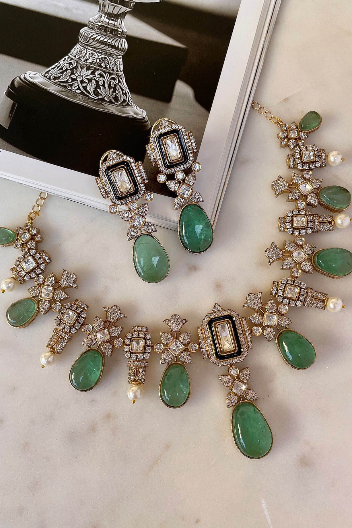 Gold Finish Kundan Polki Pastel Green Beaded Choker Necklace Set