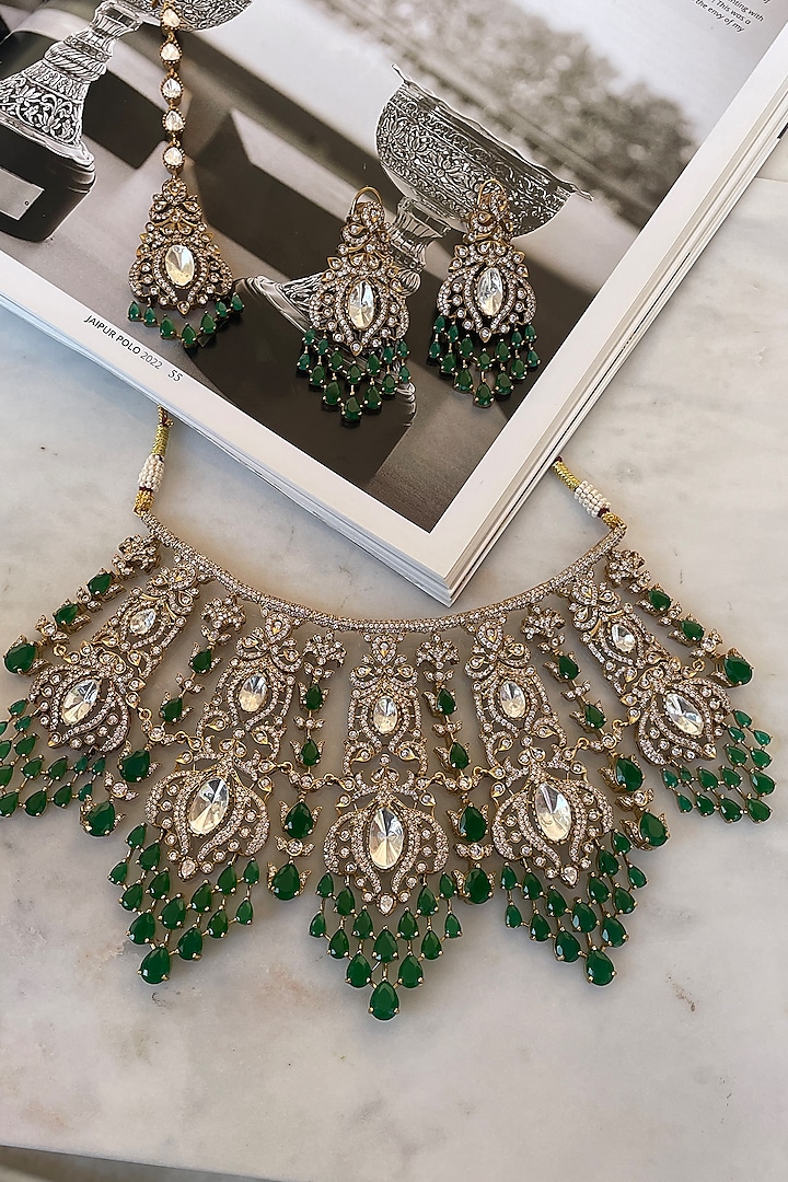 Gold Finish Emerald Stone & Zircon Choker Necklace Set by Saga Jewels at Pernia's Pop Up Shop