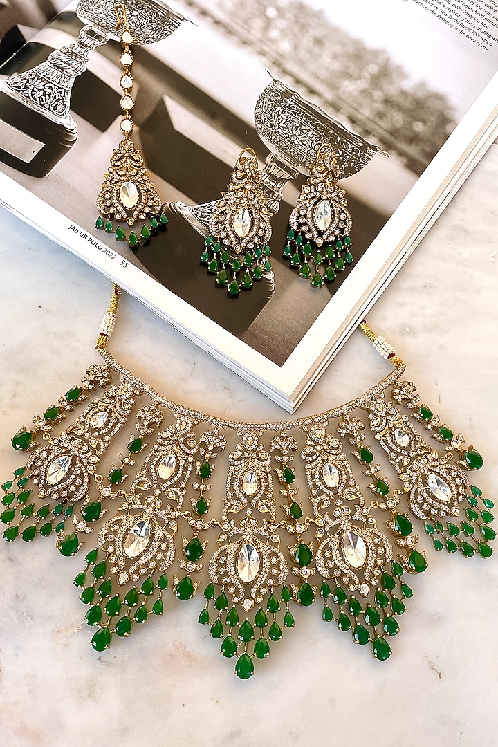 Gold Finish Emerald Stone & Zircon Choker Necklace Set by Saga Jewels at Pernia's Pop Up Shop