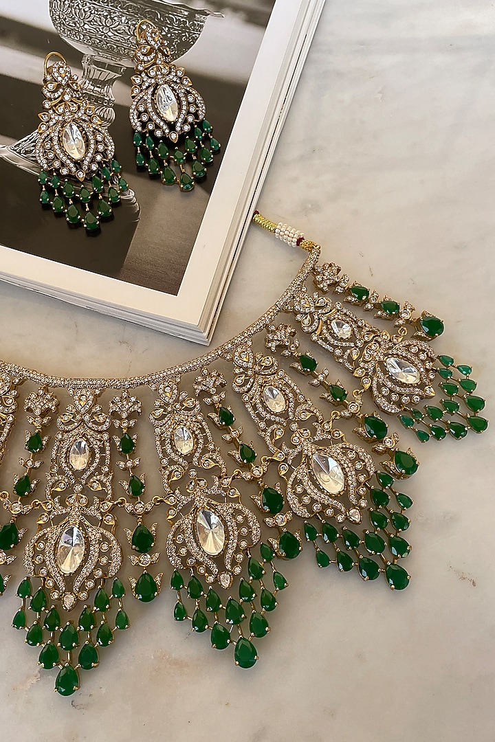 Gold Finish Emerald Stone & Zircon Choker Necklace Set by Saga Jewels at Pernia's Pop Up Shop