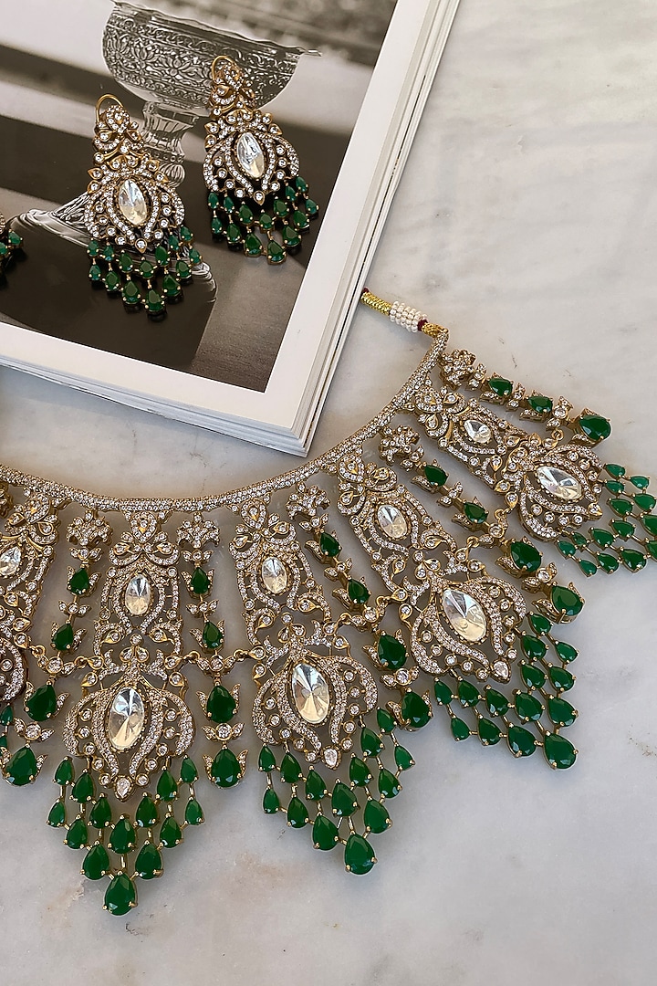 Gold Finish Emerald Stone & Zircon Choker Necklace Set by Saga Jewels at Pernia's Pop Up Shop