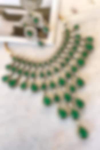 Gold Finish Green Stone & Zircon Layered Necklace Set by Saga Jewels at Pernia's Pop Up Shop