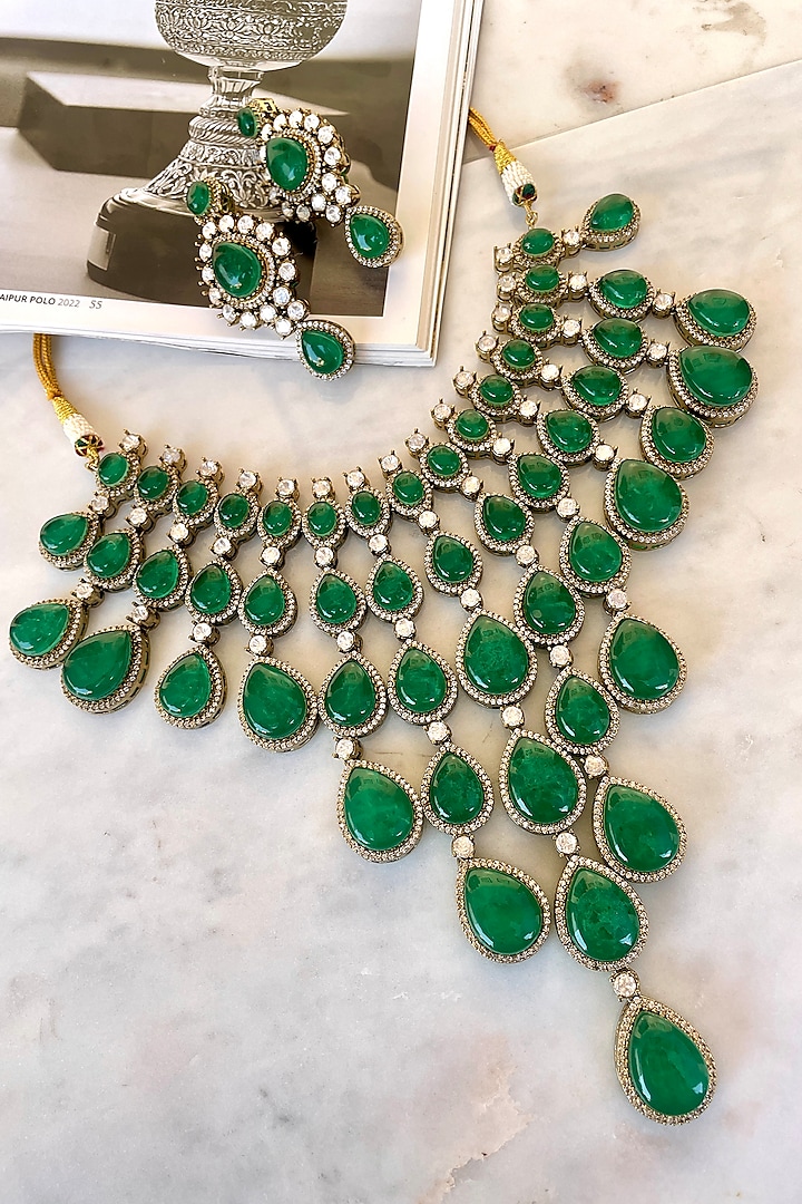 Gold Finish Green Stone & Zircon Layered Necklace Set by Saga Jewels at Pernia's Pop Up Shop