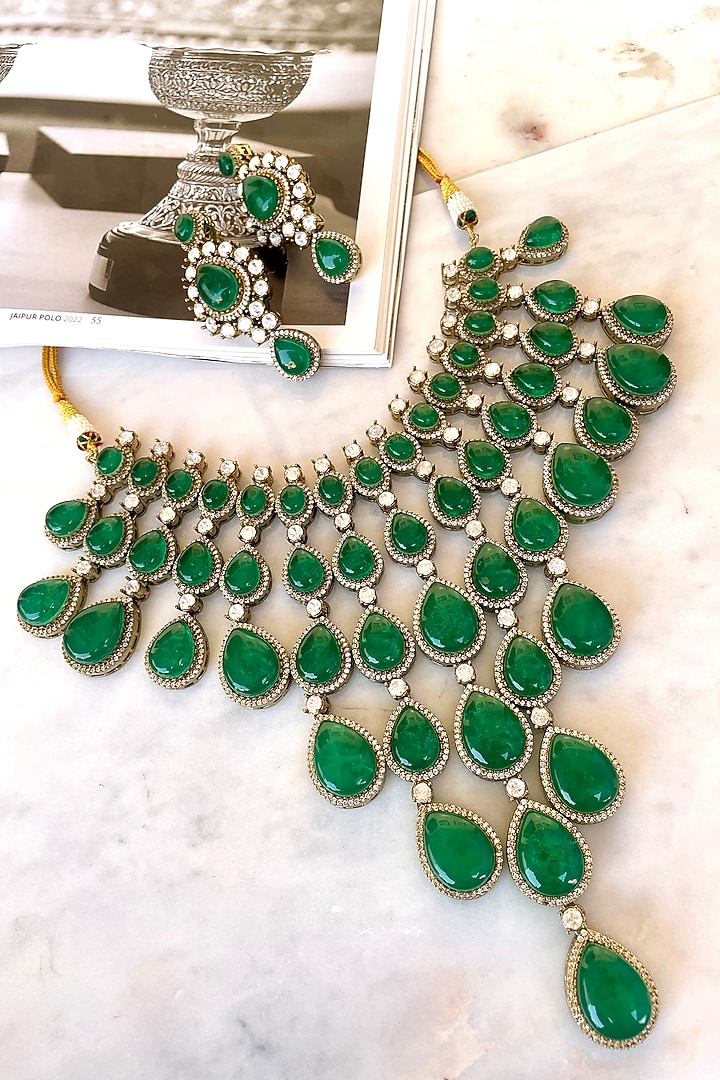 Gold Finish Green Stone & Zircon Layered Necklace Set by Saga Jewels at Pernia's Pop Up Shop