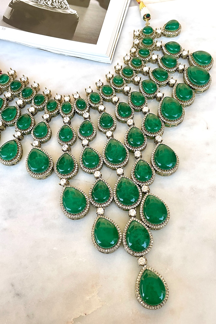 Gold Finish Green Stone & Zircon Layered Necklace Set by Saga Jewels at Pernia's Pop Up Shop