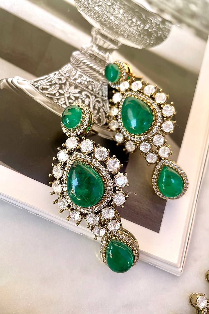 Gold Finish Green Stone & Zircon Layered Necklace Set by Saga Jewels at Pernia's Pop Up Shop