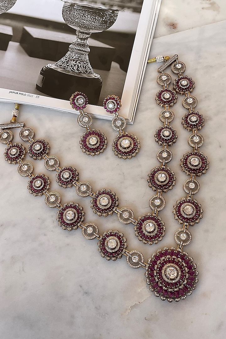 Gold Finish Kundan Polki & Ruby Stone Long Necklace Set by Saga Jewels at Pernia's Pop Up Shop