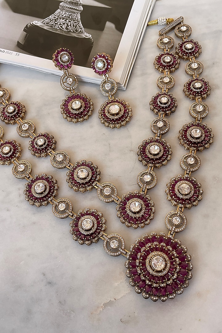 Gold Finish Kundan Polki & Ruby Stone Long Necklace Set by Saga Jewels at Pernia's Pop Up Shop