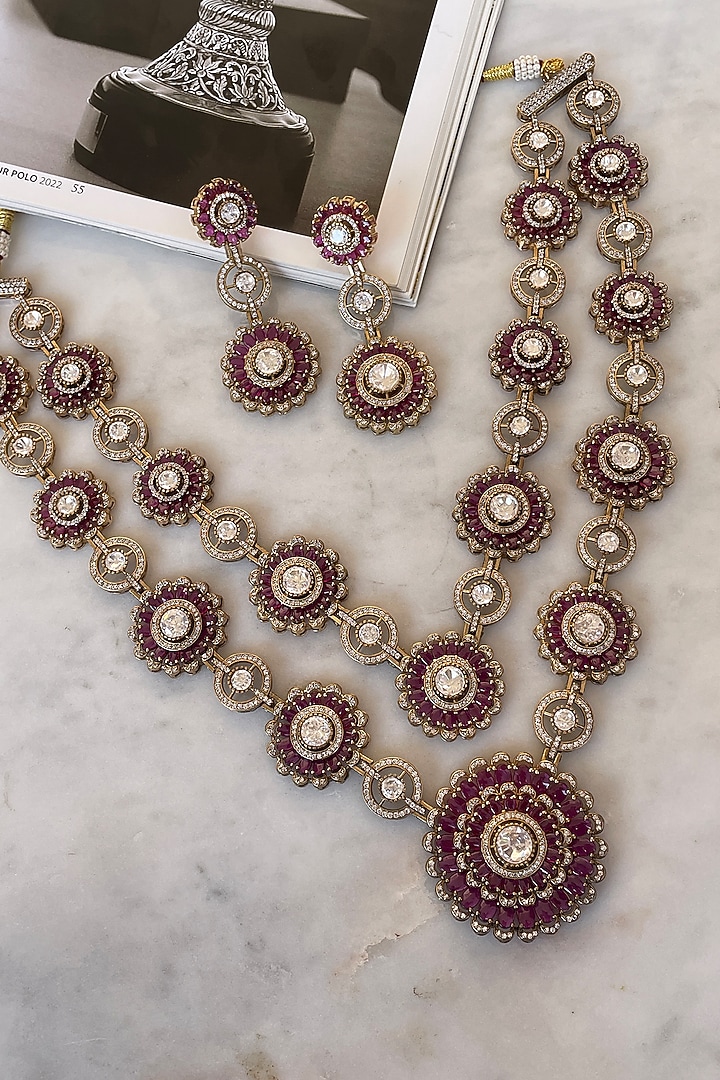 Gold Finish Kundan Polki & Ruby Stone Long Necklace Set by Saga Jewels at Pernia's Pop Up Shop