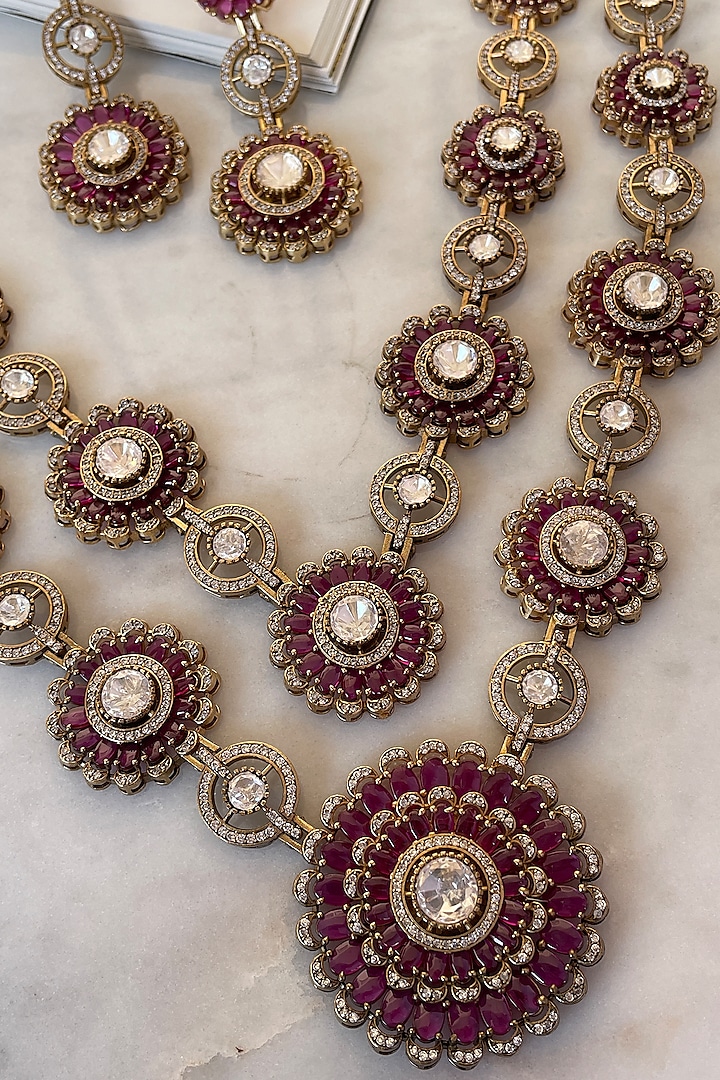 Gold Finish Kundan Polki & Ruby Stone Long Necklace Set by Saga Jewels at Pernia's Pop Up Shop