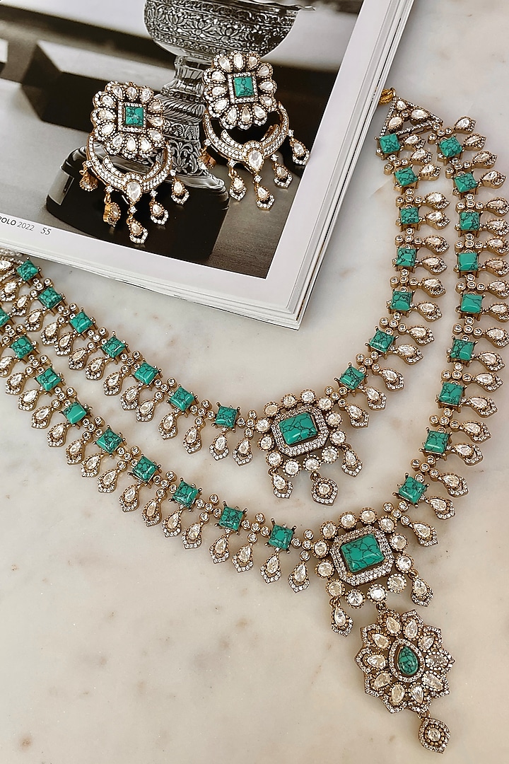 Gold Finish Kundan Polki & Turquoise Stone Long Necklace Set by Saga Jewels at Pernia's Pop Up Shop