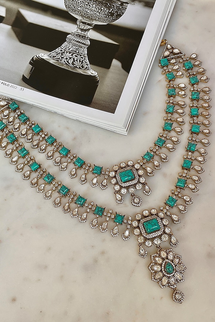 Gold Finish Kundan Polki & Turquoise Stone Long Necklace Set by Saga Jewels at Pernia's Pop Up Shop