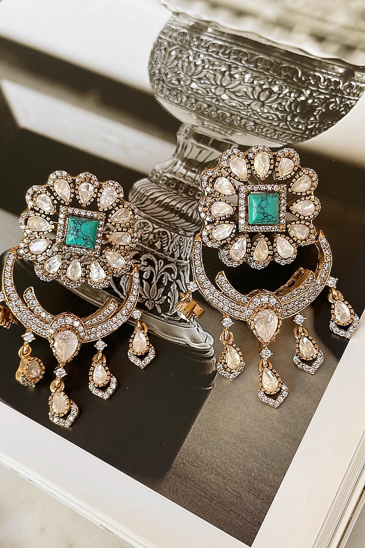 Gold Finish Kundan Polki & Turquoise Stone Long Necklace Set by Saga Jewels at Pernia's Pop Up Shop