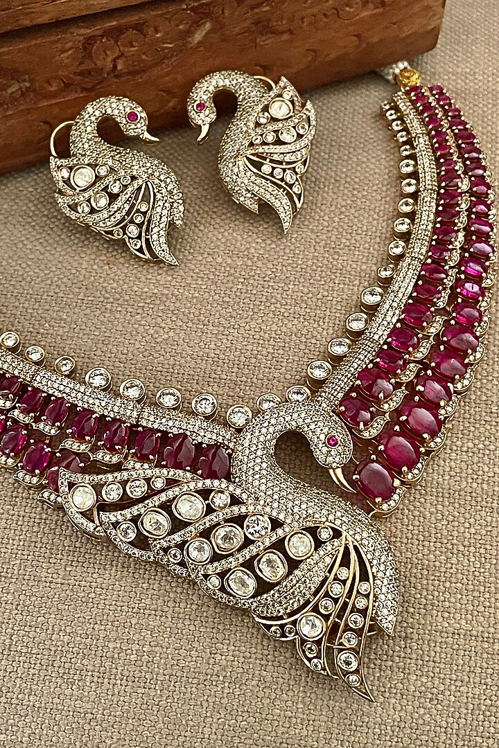 Gold Finish Zircon & Ruby Stone Choker Necklace Set by Saga Jewels at Pernia's Pop Up Shop