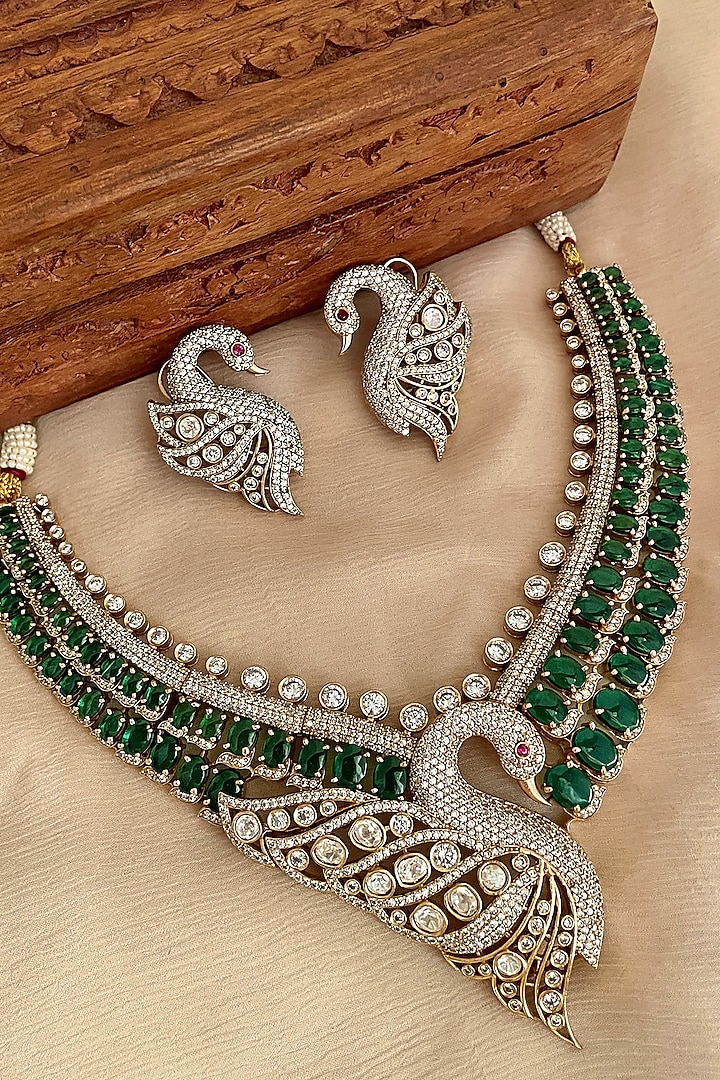 Gold Finish Zircon & Emerald Stone Choker Necklace Set by Saga Jewels at Pernia's Pop Up Shop