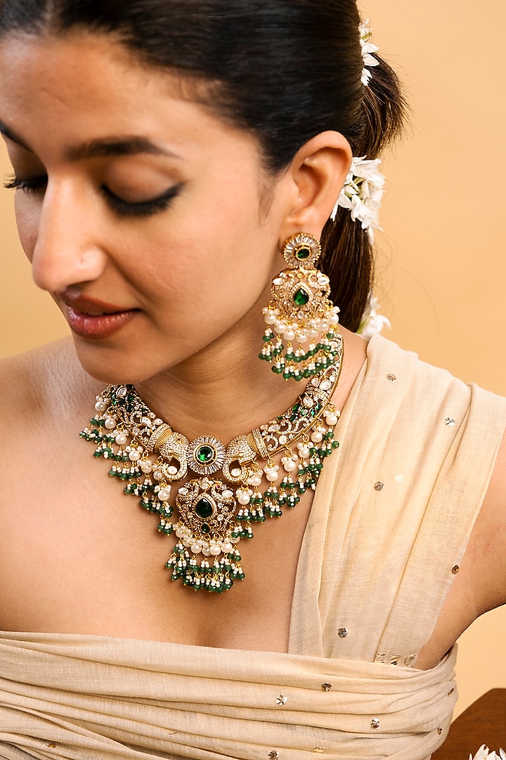 Gold Finish Kundan Polki & Emerald Stone Choker Necklace Set by Saga Jewels at Pernia's Pop Up Shop