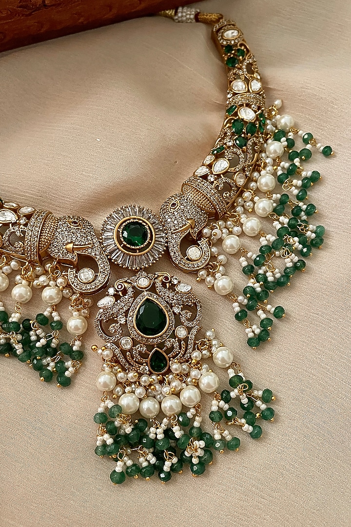 Gold Finish Kundan Polki & Emerald Stone Choker Necklace Set by Saga Jewels at Pernia's Pop Up Shop