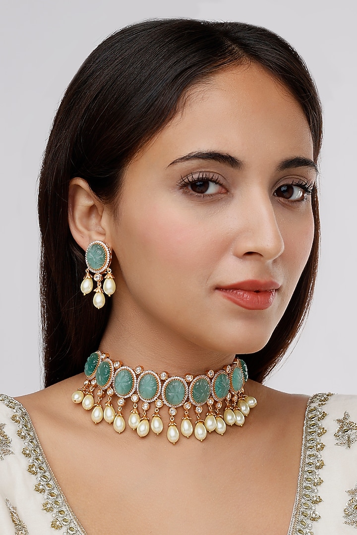 Gold Finish Carved Stone Necklace Set by Saga Jewels at Pernia's Pop Up Shop